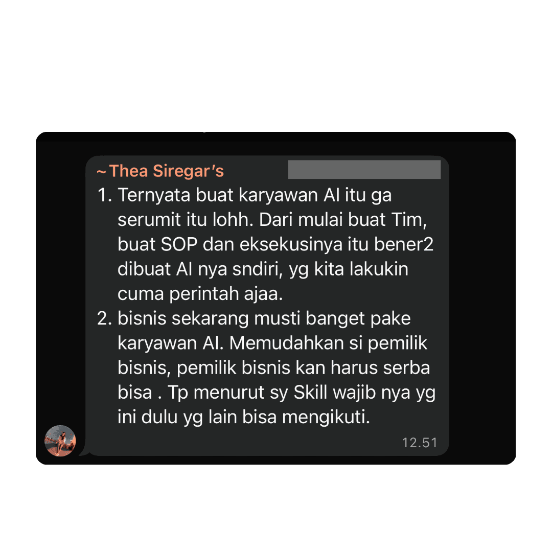 Testimoni member kelas: ternyata bikin karyawan AI tidak serumit itu, dari buat tim sampai SOP dikerjakan AI-nya sendiri.