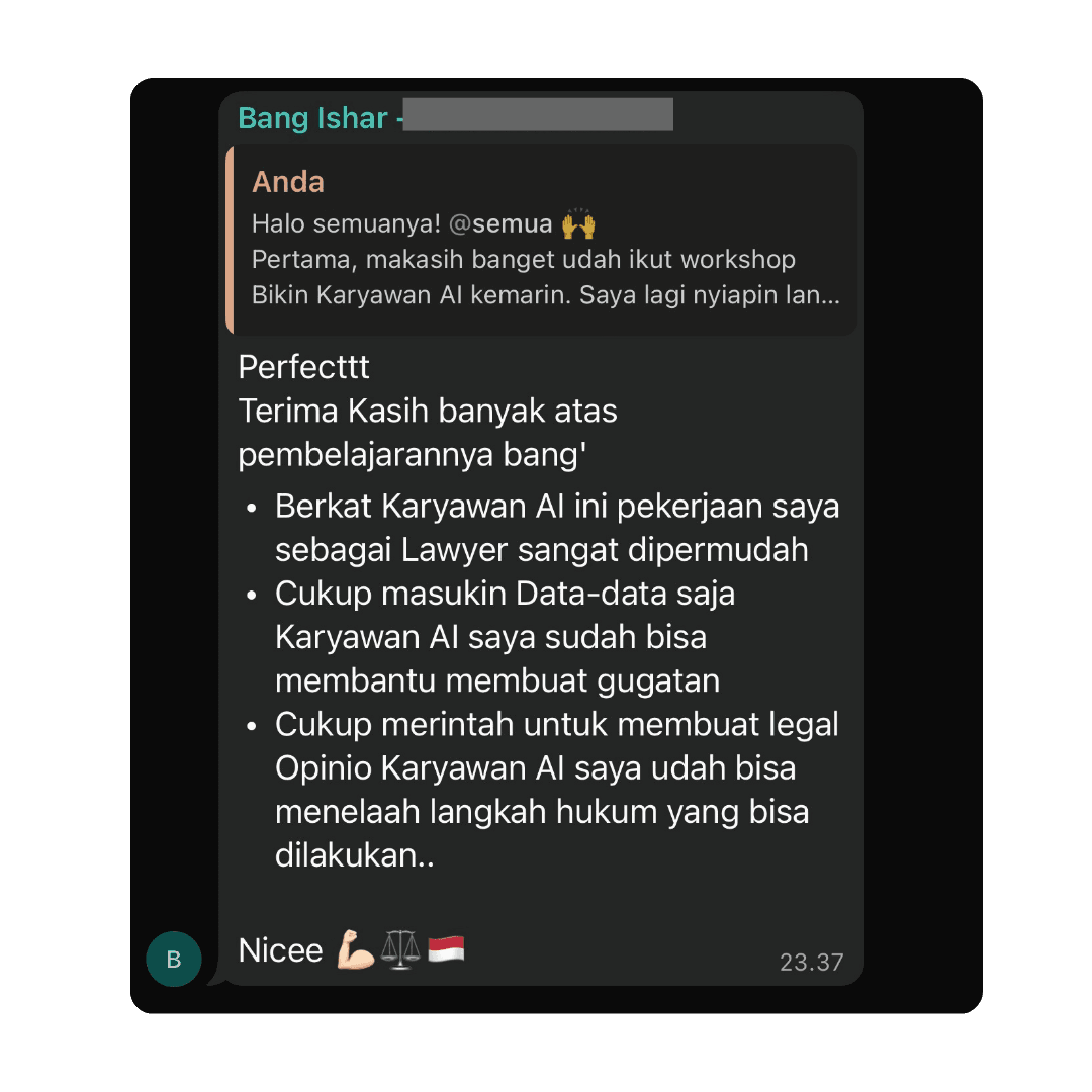 Testimoni member kelas, seorang Lawyer: karyawan AI membantu membuat gugatan dan legal opinion, cukup masukkan data.