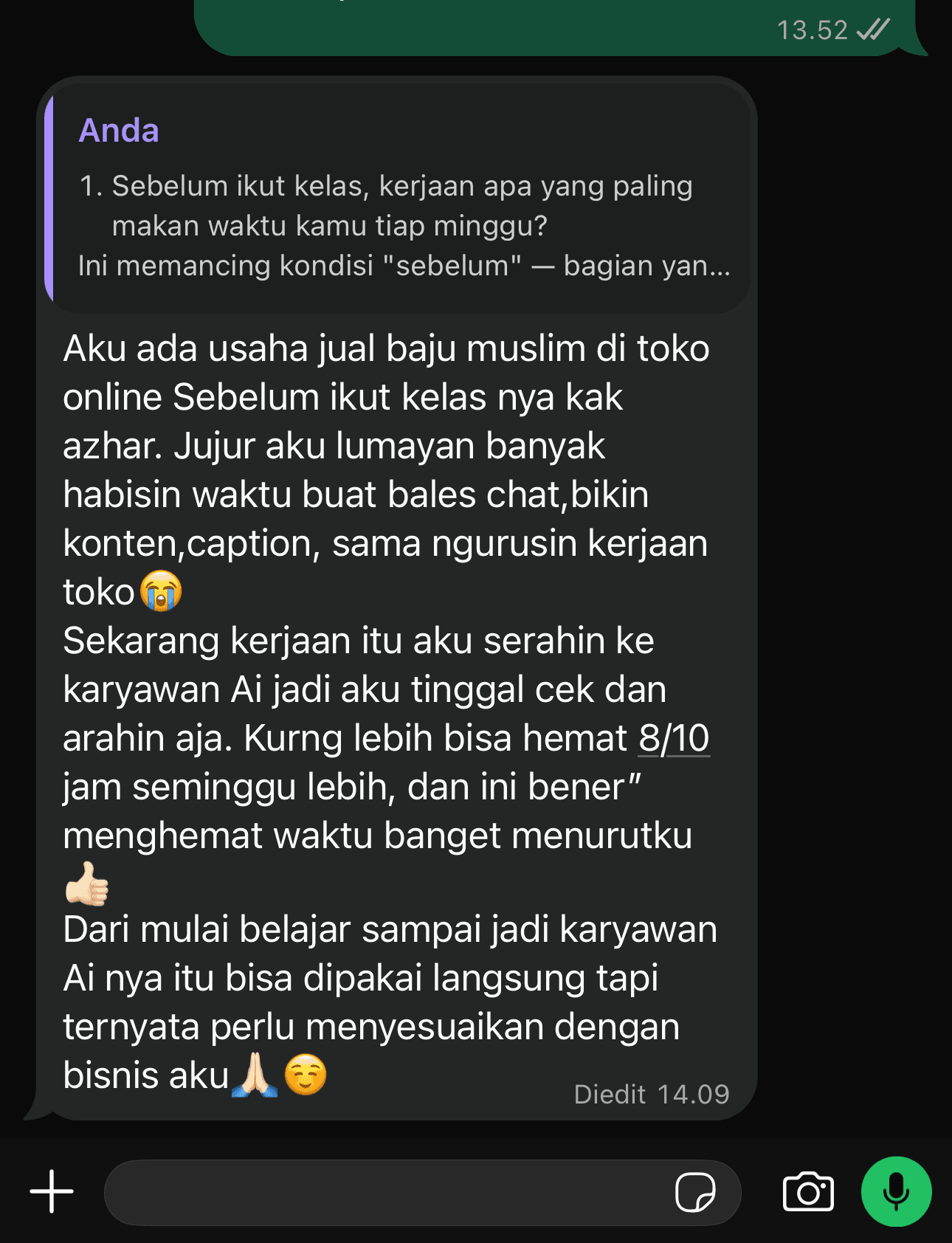 Chat asli Lilia Salsabila di grup member: dulu bikin konten dan caption manual sampai tengah malam, sekarang karyawan AI yang bikin draft caption dan ide konten. Sekitar 5 jam seminggu kepangkas, dan sudah kepakai paginya setelah nonton Level 2 malam harinya.
