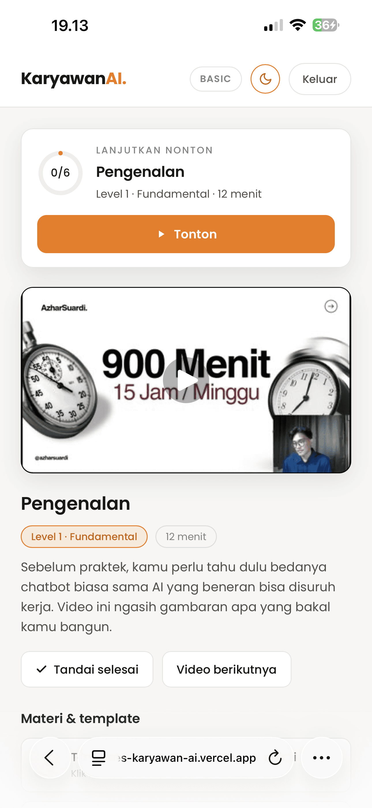 Member area di HP: video dan daftar materi tersusun ke bawah, enak dibuka sambil praktek.